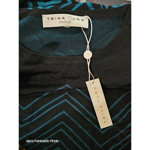 Trina Turk Dress Black & Teal Chevron Pattern Medium New NWT - Picture 2 of 8